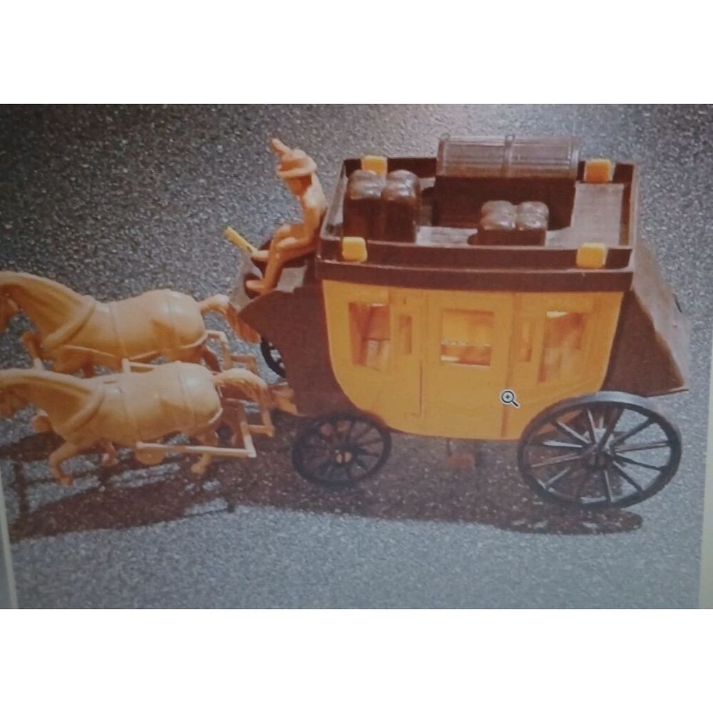 Wells Fargo Stage Coach with Driver & 2 Horses, Toy. Vintage Processed Plastic